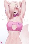  1girl animal_ears armpits arms_behind_head arms_up bandaid bandaid_on_arm blonde_hair bluecup bra breasts cat_cutout choker cleavage_cutout clothing_cutout commentary fox_ears fox_tail fur_bra fur_choker hair_ornament hair_over_one_eye hairclip highres large_breasts looking_at_viewer medium_hair mole mole_under_eye one_eye_covered open_mouth original pink_bra pink_choker solo sweat tail underwear upper_body yellow_eyes 
