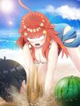  1boy 1girl 5sistersnet ahoge bare_shoulders beach blindfold blue_one-piece_swimsuit breasts buried cleavage collarbone day double-parted_bangs food fruit go-toubun_no_hanayome hair_ornament highres huge_ahoge large_breasts leaning_forward lens_flare long_hair nakano_itsuki ocean one-piece_swimsuit open_mouth red_hair sand sky speed_lines star_(symbol) star_hair_ornament stick striped striped_one-piece_swimsuit suikawari sun swimsuit twitter_username uesugi_fuutarou vertical-striped_one-piece_swimsuit vertical_stripes watermelon white_one-piece_swimsuit 