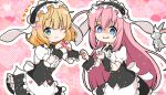  2girls ;) animal animal_ears apron black_hairband black_skirt blonde_hair blue_eyes bocchi_the_rock! center_frills closed_mouth collared_shirt commentary_request crossover dress_shirt fake_animal_ears fleur_de_lapin_uniform floppy_ears frilled_apron frilled_hairband frilled_skirt frills gochuumon_wa_usagi_desu_ka? gotou_hitori green_eyes hair_between_eyes hairband heart kirima_syaro matching_outfit mitya multiple_girls one_eye_closed open_mouth outline pink_hair puffy_short_sleeves puffy_sleeves rabbit rabbit_ears shirt short_sleeves skirt smile tears translation_request turn_pale uniform waist_apron waitress wavy_mouth white_apron white_outline white_shirt wild_geese wrist_cuffs 