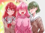  3girls blush bocchi_the_rock! brown_shirt closed_mouth dissolving earrings gotoh_hitori green_eyes green_hair hair_over_eyes hand_on_another&#039;s_shoulder highres holding_hands jacket jewelry kikugawa_roku kita_ikuyo long_hair looking_at_another medium_hair mole mole_on_neck multiple_girls neckerchief open_mouth pink_hair pink_jacket red_hair red_neckerchief sailor_collar sasaki_tsuguko school_uniform serafuku shirt shuka_high_school_uniform track_jacket white_sailor_collar 