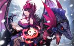  1girl bare_shoulders book breasts cleavage commentary_request dragon dress feet_out_of_frame fire fire_emblem fire_emblem_engage fishnet_thighhighs fishnets highres holding holding_book ivy_(fire_emblem) large_breasts long_hair looking_at_viewer purple_dress purple_eyes purple_hair sitting solo thighhighs tuna_picture very_long_hair wyvern 