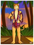 anthro felid fuze gesture grass_skirt hi_res lion lion_frat_dude_(fuze) male mammal mostly_nude outside palm_tree pantherine plant pose solo sunset thumbs_up tree 