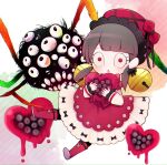  1girl bell black_bow blood boots bow brown_hair bug dress frilled_sleeves frills hair_bell hair_bow hair_ornament hat heart jingle_bell laetitia_(lobotomy_corporation) lobotomy_corporation looking_at_viewer mikoto0x0 pink_dress pink_eyes pink_footwear pink_headwear project_moon solo spider 