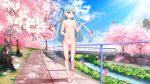  1girl absurdres aoki_hagane_no_arpeggio bare_shoulders blue_flower blue_hair blue_rose blue_sky blunt_bangs blush breasts bridge building bush cherry_blossoms chinese_commentary cloud collarbone commentary_request completely_nude day flower green_eyes hair_ornament hand_on_own_stomach highres iona light_rays long_hair looking_to_the_side navel nipples nude outdoors parted_bangs parted_lips petals pussy railing rose scenery shadow sky small_breasts solo stairs standing sunlight thighs tree tsukiko_tsubame two_side_up very_long_hair walkway water 