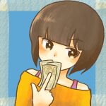 1girl banknote bare_shoulders blue_background blunt_bangs blunt_ends blush bob_cut border brown_eyes brown_hair close-up commentary covering_mouth dot_nose hand_up highres holding holding_money looking_at_viewer manapaint21 money off-shoulder_shirt off_shoulder outside_border portrait ranma_1/2 shirt short_hair solo tendou_nabiki yellow_shirt 