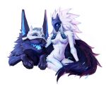  absurd_res bovid canid canine canis caprine delusional_(artist) duo female fur hand_on_head happy hi_res kindred_(lol) kneeling lamb_(lol) league_of_legends male mammal mask riot_games sheep simple_background smile white_background white_body white_fur wolf wolf_(lol) 