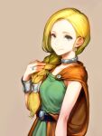  1girl belt bianca_(dq5) black_belt blonde_hair blue_eyes bracelet braid breasts cape closed_mouth commentary_request dragon_quest dragon_quest_v dress earrings green_dress hair_behind_ear hair_over_shoulder hand_up highres jewelry jun_(seojh1029) light_smile long_hair looking_at_viewer neck_ring orange_cape ring simple_background single_braid sleeveless sleeveless_dress small_breasts solo swept_bangs upper_body 