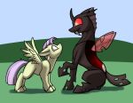  arthropod changeling dandelion_dreams duo equid equine fangs female feral foxenawolf friendship_is_magic fur goldfur&#039;s_cogsverse hair hasbro horn insect_wings male mammal my_little_pony outside pegasus pink_hair red_eyes tail teeth unicorn_horn wings yellow_body yellow_fur 
