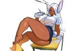  1girl absurdres animal_ears ass bare_legs barefoot black_necktie black_shorts blueisalanguage boku_no_hero_academia breasts chair collared_shirt commentary dark-skinned_female dark_skin desk english_commentary feet full_body gloves highres holding_necktie knee_up large_breasts legs long_eyelashes long_hair looking_at_viewer mirko necktie on_desk open_mouth parted_bangs rabbit_ears rabbit_girl rabbit_tail raised_eyebrow red_eyes school_chair school_desk shirt shirt_tucked_in short_shorts shorts smile solo tail tail_through_clothes teeth thick_thighs thighs toes very_long_hair white_gloves white_hair white_shirt 
