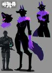  absurd_res alien anthro barefoot black_body black_fur breasts duo feet female fur hi_res human kemokin_mania male mammal navel neck_tuft nude open_mouth purple_body purple_fur purple_sclera size_difference tail tuft weapon 