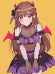  1b_104 1girl :o ? black_gloves blush breasts brown_hair cleavage covered_navel demon_horns demon_wings facepaint gloves halloween_costume highres horns idolmaster idolmaster_shiny_colors large_breasts long_hair looking_at_viewer purple_skirt red_eyes see-through_cleavage simple_background skirt solo sonoda_chiyoko straight_hair very_long_hair wings yellow_background 