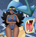  absurd_res ambiguous_gender aqua_admin_shelly big_breasts black_hair blue_body blue_eyes blue_hair breasts camel_toe clothed clothing dark_body dark_skin duo female generation_1_pokemon gyarados hair hi_res huge_breasts human human_focus long_hair looking_at_viewer mammal nintendo not_furry pokemon pokemon_(species) sonson-sensei swimwear team_aqua 