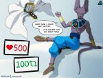  anthro beerus bottomwear clothed clothing digital_media_(artwork) domestic_cat dragon_ball dragon_ball_super english_text felid feline felis footwear gold_(metal) gold_jewelry hairless hairless_cat headdress hi_res jewelry male mammal open_mouth pants piercing prismanoodle_(artist) purple_body shoes simple_background solo sphynx_(cat) tail text topwear undressing 