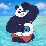  1:1 2023 anthro bear belly big_belly black_nose bulge cellphone clothing cloud giant_panda kemono male mammal moobs navel nipples one_eye_closed outside overweight overweight_male phone sangguri_32 smartphone solo swimwear water white_body 