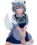  1girl absurdres animal_ears apron blue_eyes bow braid commentary_request dog_ears dog_tail full_body green_bow grey_hair hair_bow highres inu_sakuya_(nejikirio) izayoi_sakuya looking_at_viewer maid mikan_(manmarumikan) open_mouth side_braids simple_background solo tail touhou twin_braids v_arms waist_apron white_background 