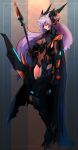  1girl black_cape boots cape closed_eyes closed_mouth full_body gloves high_heel_boots high_heels highres holding holding_polearm holding_weapon long_hair looking_down maria_cadenzavna_eve pink_hair polearm senki_zesshou_symphogear solo spear thigh_boots thighhighs vegs weapon 