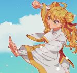  1girl ahoge blonde_hair blue_sky blush bow breasts cardcaptor_sakura cloud cosplay day double_bun green_eyes hair_bow hair_bun hair_ribbon hands_up hoshii_miki hoyaza1561 idolmaster idolmaster_(classic) idolmaster_million_live! idolmaster_million_live!_theater_days li_meiling li_meiling_(cosplay) long_hair long_sleeves looking_at_another medium_breasts open_mouth parody red_ribbon ribbon robe shorts side_slit sky solo star_(symbol) white_robe white_shorts wide_sleeves 