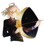 1boy ahoge arrow_(projectile) black_sweater bow_(weapon) chin closed_eyes closed_mouth commentary constellation constellation_print crescent drawing_bow english_commentary frown holding holding_bow_(weapon) holding_wand holding_weapon hoshi-pan light_blush male_focus night night_sky original sagittarius_(constellation) shooting_star short_hair sky solo star_(sky) star_(symbol) star_wand sweater transparent_background turtleneck turtleneck_sweater upper_body wand wavy_hair weapon white_hair 