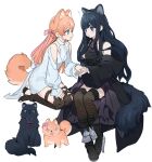  ! 2girls :&lt; animal_ears animalization ankle_boots ascot bare_shoulders black_coat black_dress black_footwear black_hair black_thighhighs blue_eyes boots brown_footwear cat cat_ears cat_girl cat_tail choker clothing_cutout coat commentary dog dog_ears dog_girl dog_tail dress extra_ears final_fantasy final_fantasy_xiv fishnet_thighhighs fishnets from_side full_body gaia_(ff14) hair_ribbon hand_on_another&#039;s_hand hand_on_hand hand_on_own_knee highres hyur kemonomimi_mode legs_together long_hair long_sleeves looking_at_another multiple_girls off_shoulder orange_hair puffy_long_sleeves puffy_sleeves purple_ascot purple_choker ribbon ryne_waters seiza shoulder_cutout simple_background sitting slit_pupils smile symbol-only_commentary tail thigh_boots thighhighs wavy_hair white_background white_dress wide-eyed wuliu_heihuo 