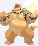  anthro belly biceps bowser bracelet claws collar eyebrows hair hi_res jewelry koopa male mammal mario_bros musclegut nintendo o-ro pecs red_eyebrows red_hair scalie shell smile solo spiked_bracelet spiked_collar spikes super_star teeth yellow_body 