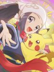  1girl akari_(pokemon) black_hair brown_eyes eyelashes galaxy_expedition_team_survey_corps_uniform grey_eyes head_scarf open_mouth outdoors pikachu pokemon pokemon_(creature) pokemon_(game) pokemon_legends:_arceus reaching reaching_towards_viewer red_scarf runachikku scarf solo twitter_username white_headwear 