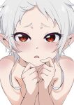  1girl absurdres blush elf highres looking_at_viewer mushoku_tensei nude open_mouth pointy_ears red_eyes shionmidorikawa short_hair solo sylphiette_(mushoku_tensei) white_hair 