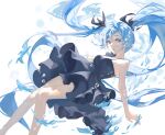  1girl air_bubble artist_name asymmetrical_sleeves bare_arms bare_legs bare_shoulders black_dress blue_hair blue_theme bubble chaoxicha commentary dress feet_out_of_frame fish floating_hair hair_between_eyes hair_ornament hatsune_miku highres looking_at_viewer mismatched_sleeves parted_lips shinkai_shoujo_(vocaloid) signature sleeveless sleeveless_dress solo spaghetti_strap underwater vocaloid 