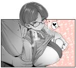  1boy 1girl arm_grab blush breasts buttons clothes_lift collared_shirt ear_blush glasses grabbed_breast_over_shoulder grabbing grabbing_another&#039;s_breast greyscale_with_colored_background heart large_breasts long_hair necktie original pink_background shirt spoken_heart sweat sweater sweater_lift twintails yoshiragi 