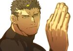  1boy asahi_(zabaniyan) bara beard beard_stubble black_bodysuit black_hair blurry blurry_foreground bodysuit closed_mouth facial_hair furrowed_brow hand_up highres male_focus mature_male muscular muscular_male serious short_hair sideburns simple_background solo star_(symbol) stubble tokyo_afterschool_summoners upper_body white_background yellow_eyes zabaniyya_(housamo) 