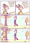  anthro bottomwear brown_body canid canine clothed clothing comic deer dress duo female fox hi_res male mammal plant red_body renita_reed shirt shorts sky smile spanish_text tail text topwear tree yellow_clothing yellow_dress 