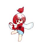  1boy barefoot blood blood_in_hair blood_on_clothes blue_shorts chinese_commentary commentary_request lobotomy_corporation no_nose open_mouth personification project_moon punishing_bird red_eyes shirt short_hair shorts simple_background sleeves_past_fingers sleeves_past_wrists smile white_background white_hair white_shirt zhi_(chengdizhe) 