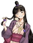  1girl ;d ace_attorney black_hair blush character_doll collarbone hair_bun hanten_(clothes) head_tilt highres holding holding_hair jewelry long_hair low_tied_sidelocks magatama magatama_necklace maya_fey necklace one_eye_closed phoenix_wright pink_sash renshu_usodayo sash simple_background single_hair_bun smile solo upper_body very_long_hair white_background 