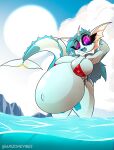  absurd_res anthro arizone belly big_belly big_breasts bikini black_sclera blue_body blue_hair breasts clothed clothing cloud ear_piercing ear_ring eeveelution fan_character female furgonomics furry-specific_piercing generation_1_pokemon hair hi_res lifeguard looking_at_viewer navel navel_piercing nintendo open_mouth outside overweight overweight_female piercing pokemon pokemon_(species) purple_eyes ring_piercing skindentation sky smile solo standing sun swimwear tail tail_piercing thick_thighs vaporeon water 
