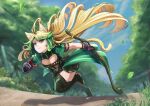  1girl absurdres ahoge animal_ears atalanta_(fate) blonde_hair blue_sky bow_(weapon) breasts cat_ears cat_tail cleavage fate/apocrypha fate_(series) forest gloves grass green_eyes green_hair green_thighhighs highres holding holding_bow_(weapon) holding_weapon leaf long_hair multicolored_hair nature outdoors running sky small_breasts smile solo tail takamsunicorn thighhighs two-tone_hair weapon 