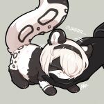 ambiguous_gender black_and_white_body black_and_white_fur blindfold chibi covered_eyes female_(lore) feral hair hand_under_chin long_tail markings missaka mole_(marking) nier_automata simple_background solo tail white_hair yorha_2b 