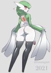  anthro backsack balls bananagaari big_butt blush bottomwear butt clothed clothing clothing_lift gardevoir generation_3_pokemon genitals girly glans glowing green_body green_hair green_skin hair humanoid_genitalia humanoid_penis legwear looking_back male mammal nintendo penis pokemon pokemon_(species) red_eyes skirt skirt_lift solo thigh_highs white_body white_skin 