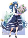  1girl angel_wings asymmetrical_wings blue_dress blue_hair bouquet character_name closed_mouth copyright_name dizzy_(guilty_gear) dress english_text flower full_body guilty_gear guilty_gear_strive hair_flower hair_ornament hair_ribbon hair_rings high_heels highres holding holding_bouquet long_hair long_sleeves monster_girl nt50 red_eyes ribbon smile solo tail tail_ornament tail_ribbon twintails wings yellow_ribbon 