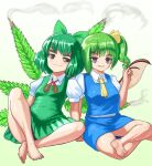 2girls alternate_element ascot barefoot blue_skirt blue_vest bow cirno closed_mouth commentary daiyousei dress english_commentary fairy_wings full_body gradient_background green_bow green_dress green_hair hair_bow hand_in_own_hair hapa_cirno highres indian_style leaf_wings looking_at_viewer marijuana multiple_girls open_mouth profitshame shirt short_hair short_sleeves side_ponytail sitting skirt smile smoke touhou variant_set vest white_shirt wings yellow_ascot 