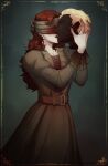  1girl absurdres belt blindfold blonde_hair blood blood_on_clothes brown_belt brown_dress brown_hair dead_by_daylight dress grey_background highres holding_head lipstick long_hair long_sleeves makeup solo standing the_nurse_(dead_by_daylight) vicar_friedrich 