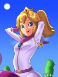  1girl 555carpaccio ? arms_behind_head arms_up belt biker_clothes biker_peach bikesuit blonde_hair blue_eyes blue_sky bodysuit breasts cactus commentary crown day eyelashes gem gloves hair_between_eyes highres hot jewelry lips looking_at_viewer mario_(series) mario_kart outdoors ponytail princess_peach racing_suit scarf sidelocks signature sky small_breasts smile spoken_question_mark steam steaming_body sun sweat zipper 