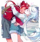  2girls backpack bag bai_xin blurry blurry_background car closed_eyes cool_(gundam_suisei_no_majo) couple day earrings english_text gundam gundam_suisei_no_majo hair_ornament hairband hairclip happy heart highres hug jacket jewelry keychain light_blush long_hair miorine_rembran motor_vehicle multiple_girls nail_polish open_mouth outdoors photo_background red_hair road shorts skirt smile street suletta_mercury teeth upper_teeth_only very_long_hair white_hair yuri 