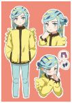 1boy absurdres blush border closed_mouth commentary_request eyelashes green_eyes green_hair green_pants grusha_(pokemon) hand_up hands_in_pocket highres jacket male_focus multiple_views outline pants pe_cippe pink_background pokemon pokemon_(game) pokemon_sv smile thought_bubble white_border yellow_jacket 