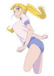  1girl absurdres blonde_hair blue_buruma blue_eyes blunt_bangs blush breasts buruma floating_hair gym_shirt gym_uniform highres large_breasts long_hair open_mouth original powerhamuhamu puffy_short_sleeves puffy_sleeves shirt short_sleeves simple_background solo standing thighs twintails v-shaped_eyebrows white_background white_shirt 