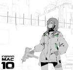  1girl braid character_name circle_a commentary_request cowboy_shot expressionless fingerless_gloves girls&#039;_frontline gloves green_eyes greyscale gun hair_over_one_eye hair_over_shoulder hand_in_pocket holding holding_gun holding_weapon jacket long_hair mac-10 mac-10_(girls&#039;_frontline) monochrome outdoors sketch solo spot_color submachine_gun trigger_discipline weapon 