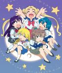  5girls aino_minako artemis_(sailor_moon) bishoujo_senshi_sailor_moon blonde_hair blue_skirt bow cat hino_rei kino_makoto kino_makoto&#039;s_school_uniform luna_(sailor_moon) mizuno_ami multiple_girls one_eye_closed open_mouth purple_hair red_bow school_uniform skirt tsubobot tsukino_usagi v 