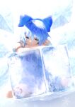  1girl arm_support barefoot blue_bow blue_dress blue_eyes blue_hair bow cirno closed_mouth commentary_request crossed_arms dress dutch_angle eyelashes frown full_body hair_between_eyes hair_bow head_tilt highres ice ice_cube ice_wings looking_at_viewer medium_hair myria_(7855) puffy_short_sleeves puffy_sleeves short_sleeves sidelighting simple_background sitting snowflakes solo touhou wariza white_background wings 