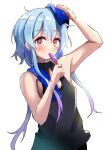  1boy absurdres arknights arm_up armpits black_tank_top blue_hair blush commentary eating food gradient_hair highres light_blue_hair looking_at_viewer male_focus mizuki_(arknights) multicolored_hair pink_eyes pink_hair popsicle riu_kawano simple_background solo sweat tank_top towel towel_on_head upper_body white_background 