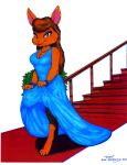  1995 absurd_res anthro barefoot blue_eyes brown_hair carpet claws clothed clothing dress feet female fur hair hi_res james_m_hardiman lagomorph leporid looking_at_viewer mammal open_mouth plant plantigrade rabbit red_carpet solo stairs toe_claws 