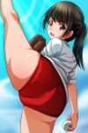  1girl absurdres ass ball baseball baseball_mitt black_hair blue_sky blush brown_eyes buruma day flexible highres holding holding_ball looking_at_viewer matsunaga_kouyou open_mouth original outdoors ponytail red_buruma shirt short_sleeves sky solo standing standing_on_one_leg teeth thighs upper_teeth_only white_shirt 