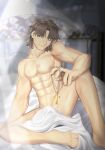  1boy a_altering abs brown_eyes covering cross cross_necklace fate/grand_order fate_(series) highres jewelry looking_to_the_side male_focus muscular muscular_male navel necklace nude_cover on_bed one_eye_closed pectorals rasputin_(fate) scar sitting solo thick_eyebrows yellow_eyes 